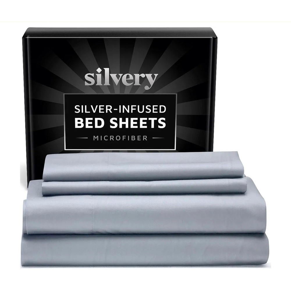 Silvery Bed Sheets Queen Size Silver Infused Microfiber Soft Hypoallergenic