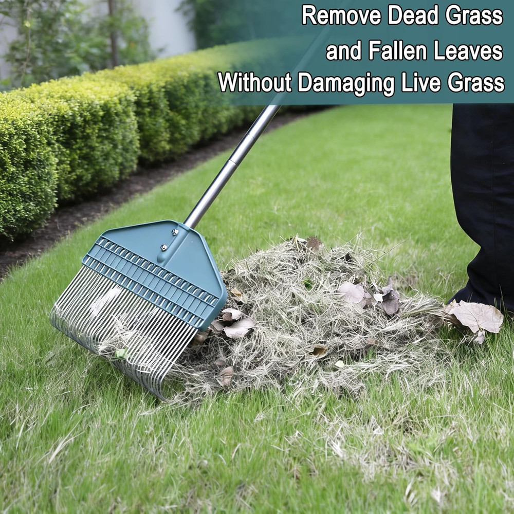 Adjustable Thatch Rake with 66" Handle - 17" Durable Dethatcher for Lawn Care