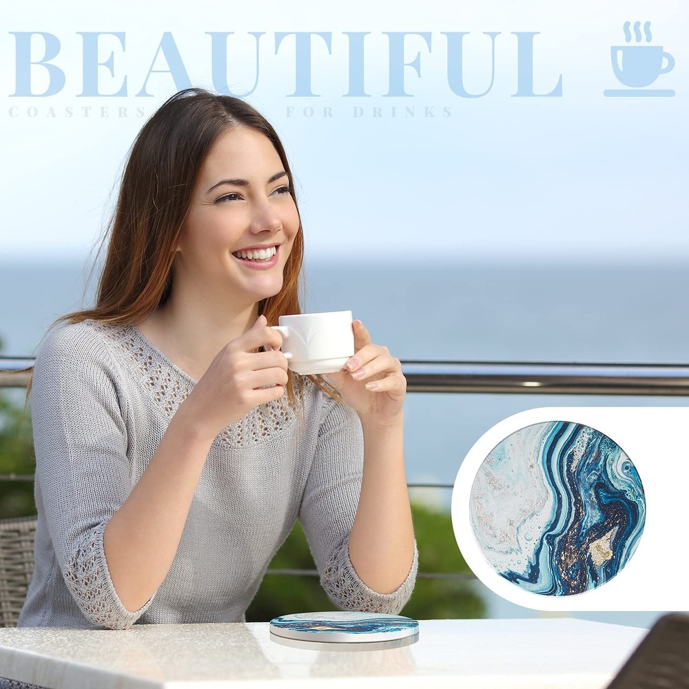 8 Pieces Coasters for Drinks with Holder, Marble Ocean Pattern Ceramic Absorb...