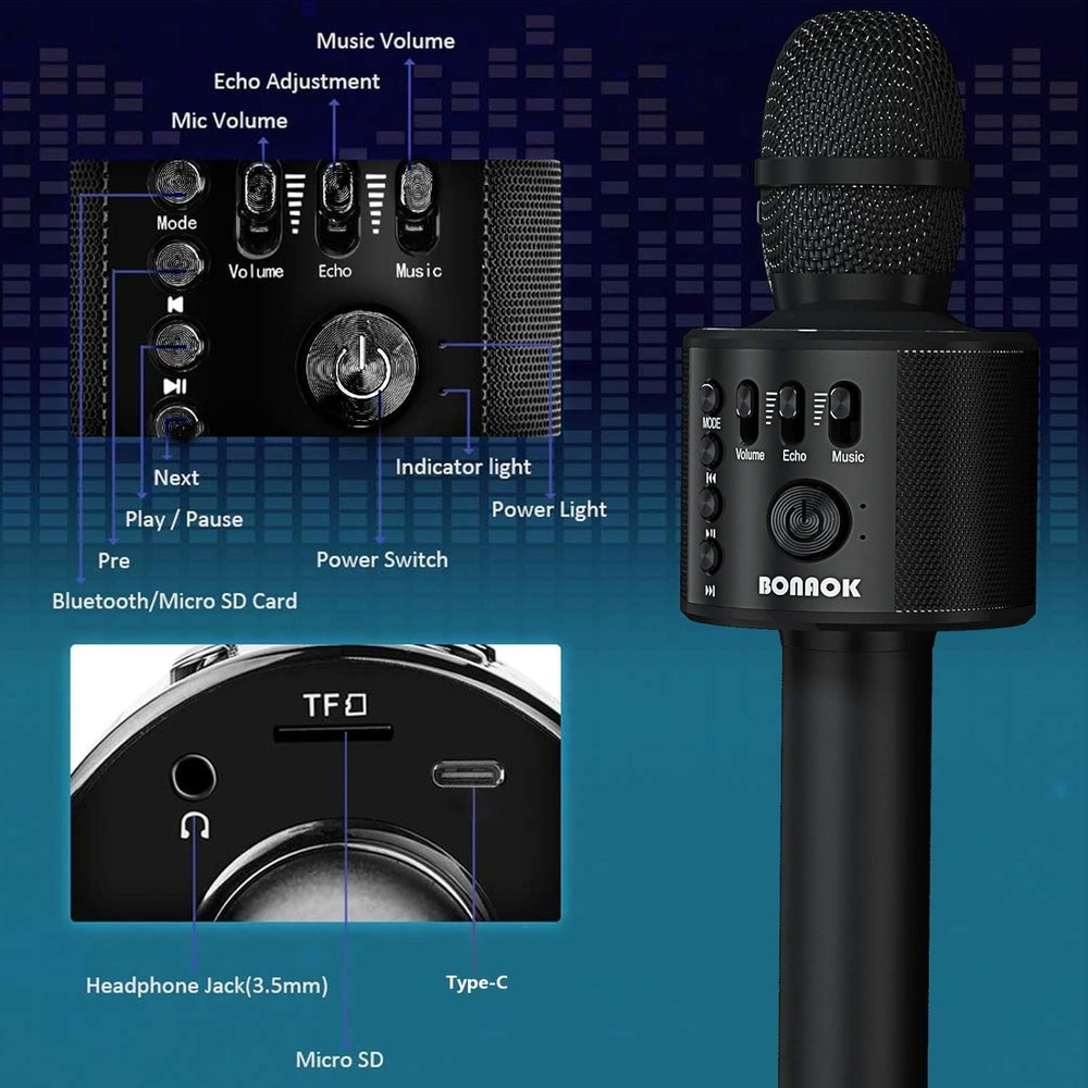 Wireless Karaoke Microphone with Custom Volume Control & SD Card Support