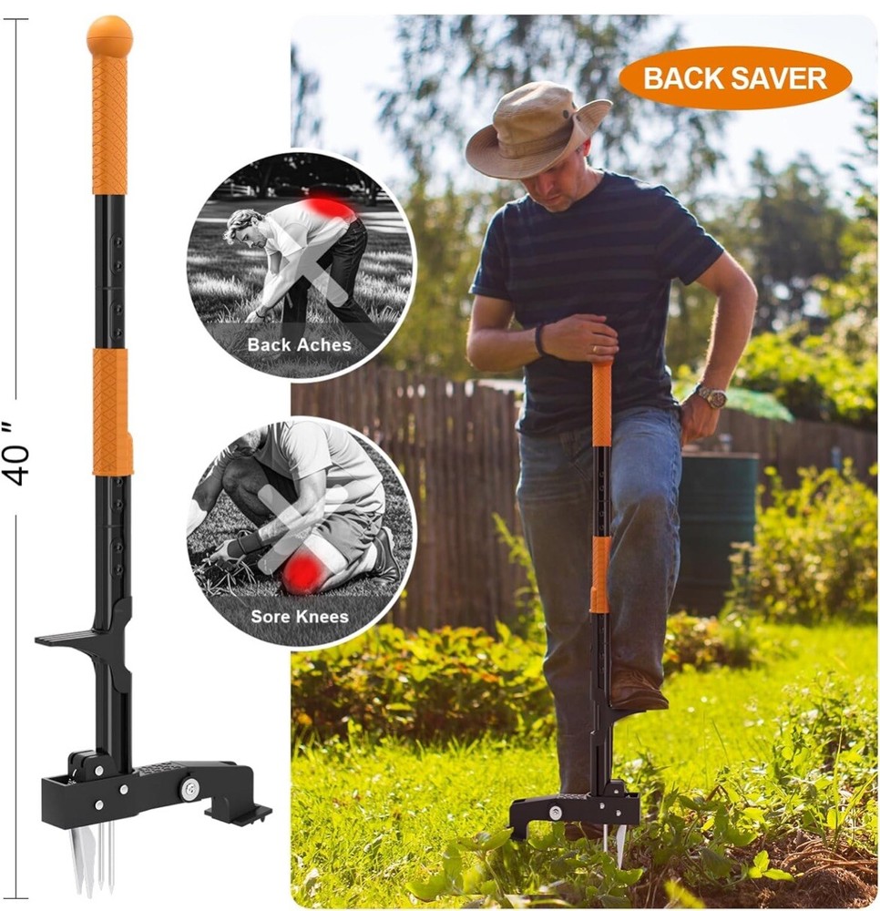 Brewin Weed Puller Tool, Fully Stand Up Weeding Tool with 4 Claws - Zero Bending