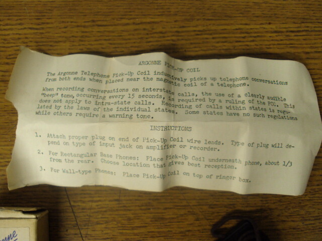 ARGONNE MODEL AR 20 TELEPHONE PICK UP COIL OLD SPY STUFF