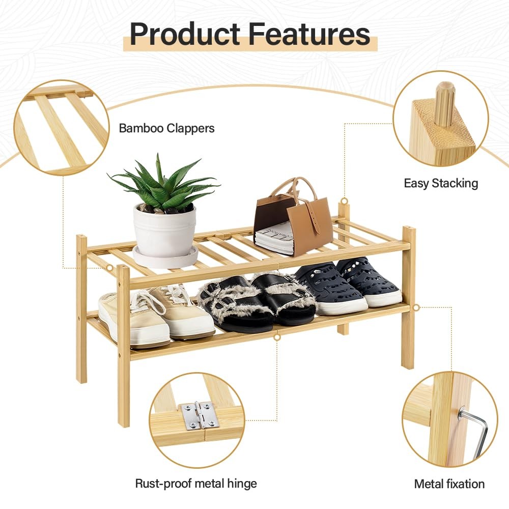 Bamboo Shoe Rack 4 Tier Stackable Storage Organizer Natural Wood