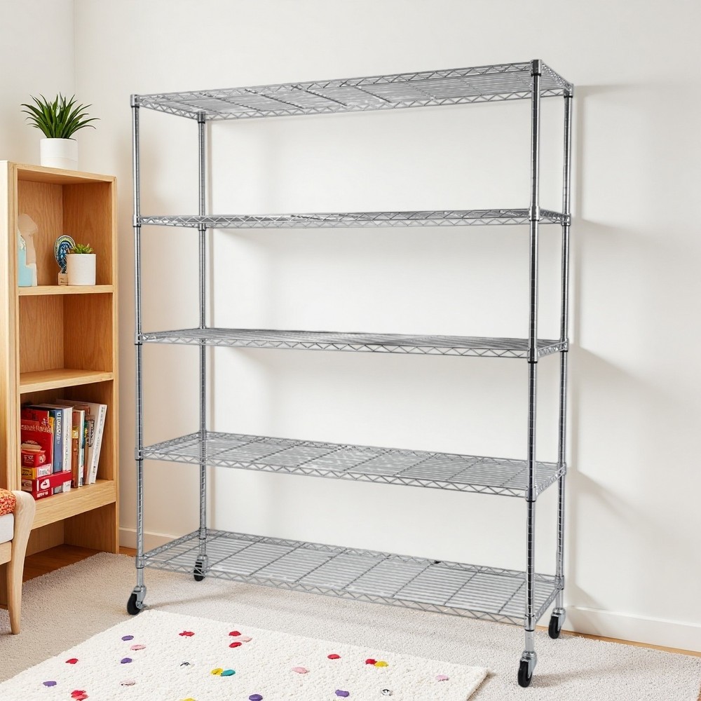 5-Tier Rolling Wire Shelving Unit - Heavy Duty, Adjustable, Modular & Silver