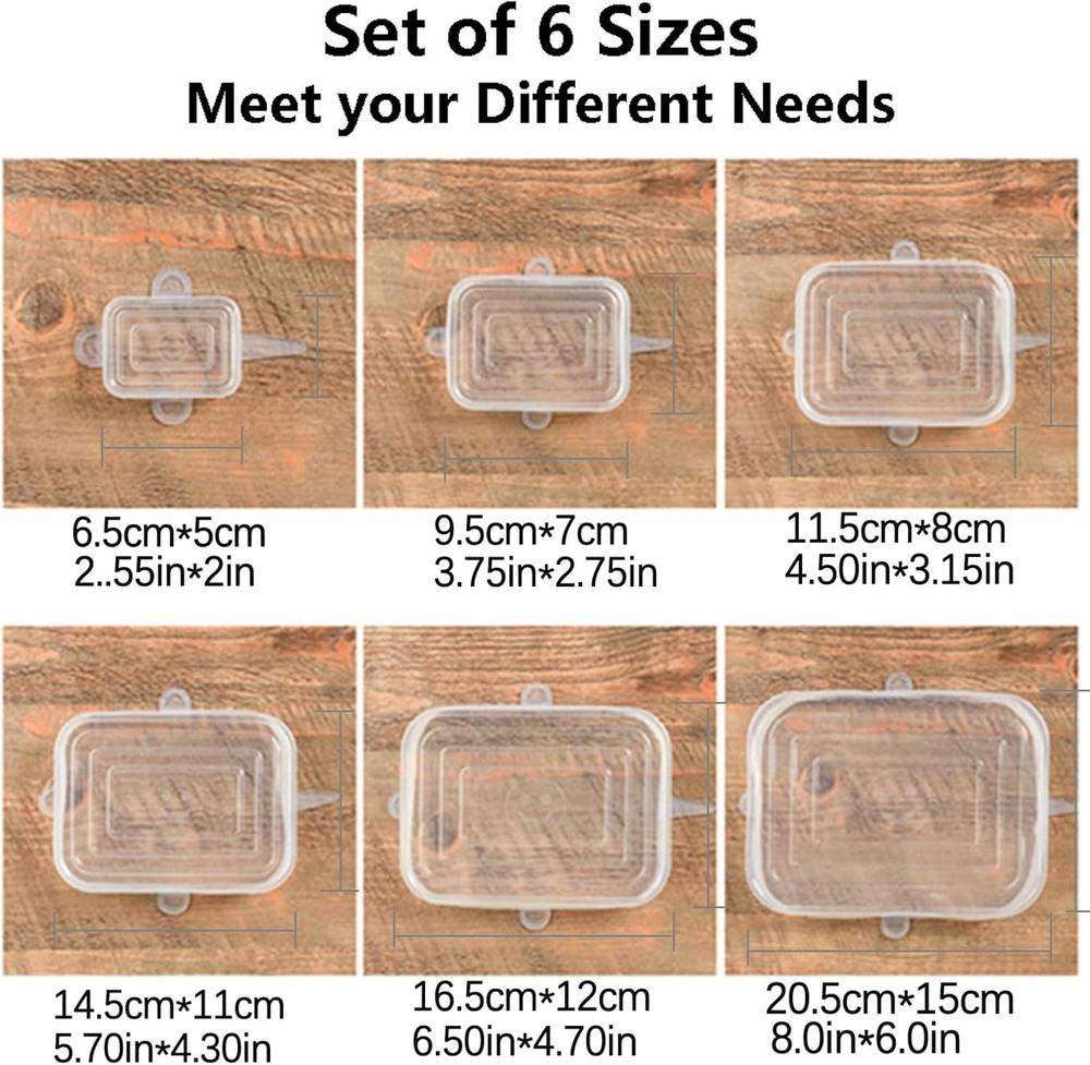 6 Packs Rectangular Silicone Stretch Lids Set of 6 Sizes Reusable Sturdy