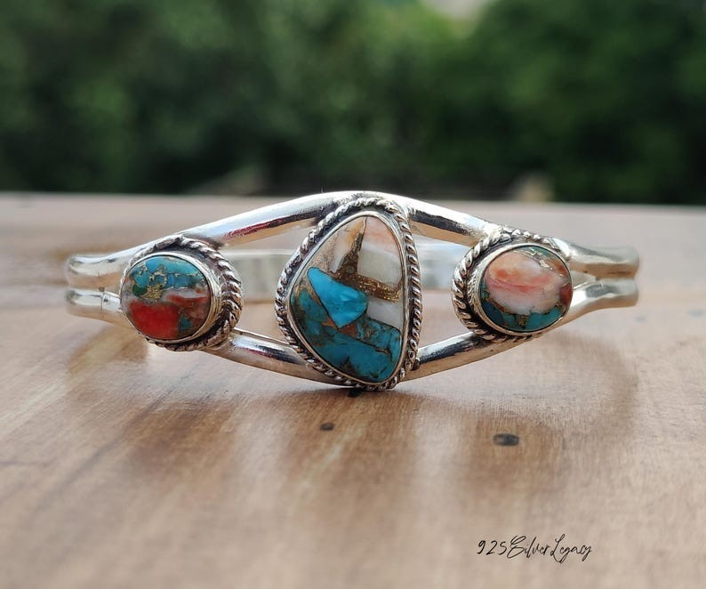Oyster Copper Turquoise Solid 925 Sterling Silver Beautiful Cuff Bangle, M1690