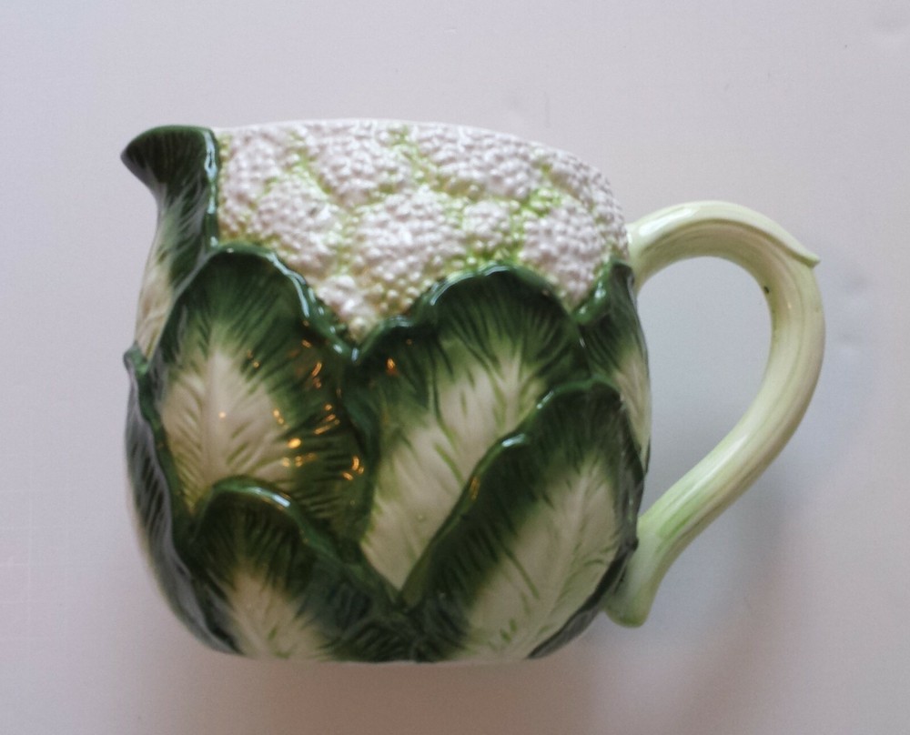 Unique Cauliflower Ceramic Pitcher with Two coordinating Green Flower Plates