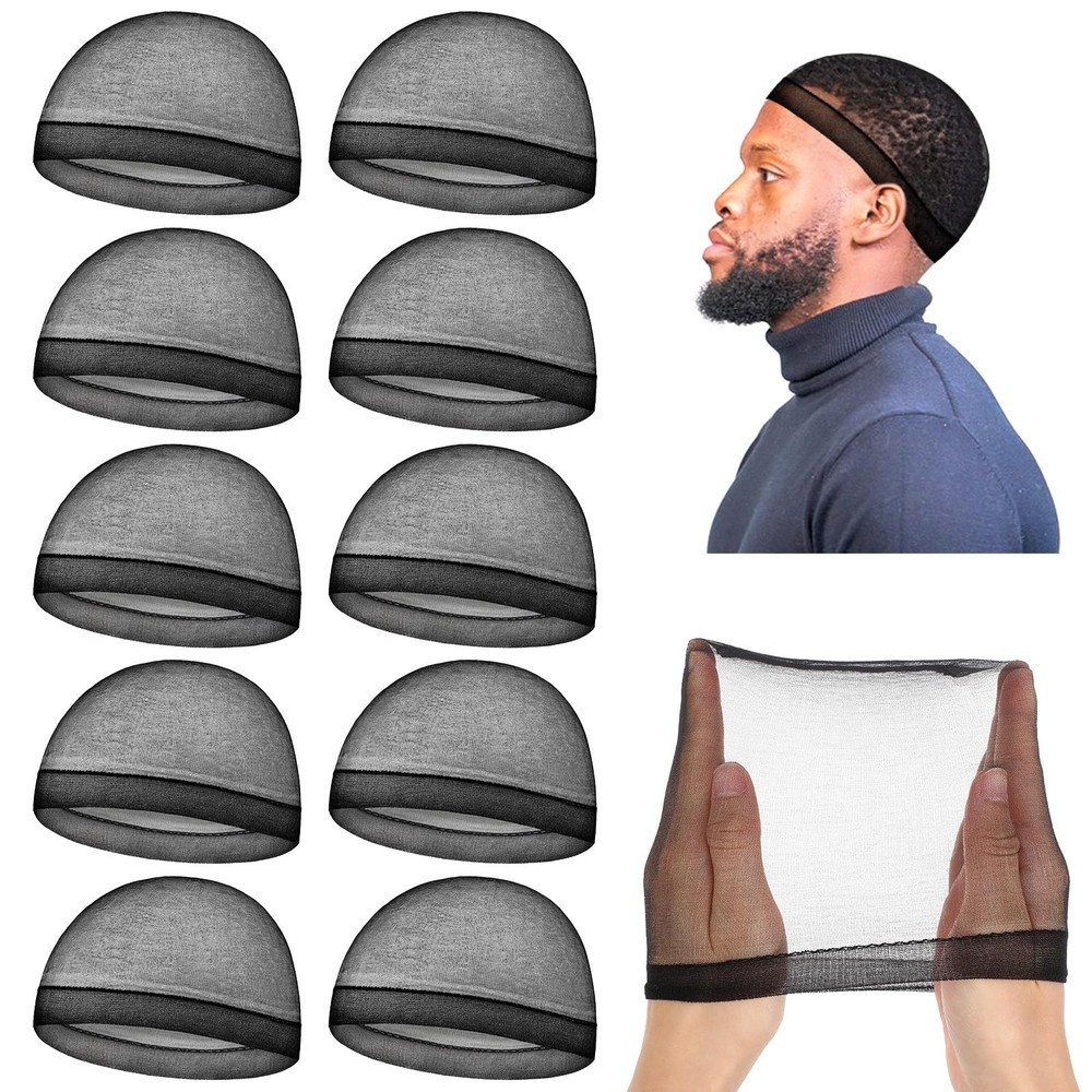 10Pcs Silky Stocking Cap Breathable Wave for Men Soft Medium, Black