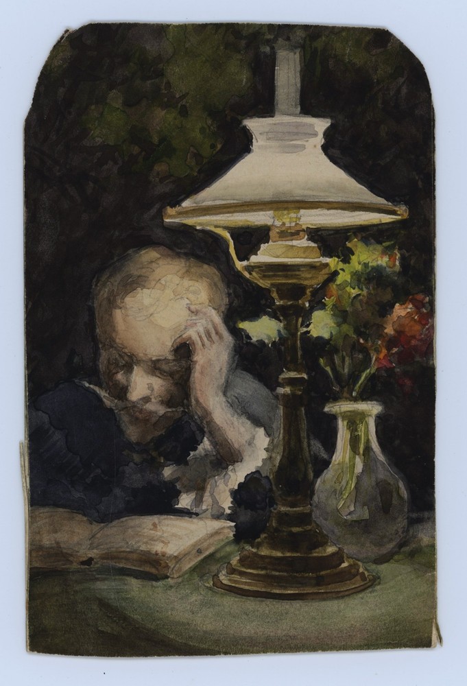 Unknown Reader With Lamp Impressionism Original Watercolour Unsigned 1896