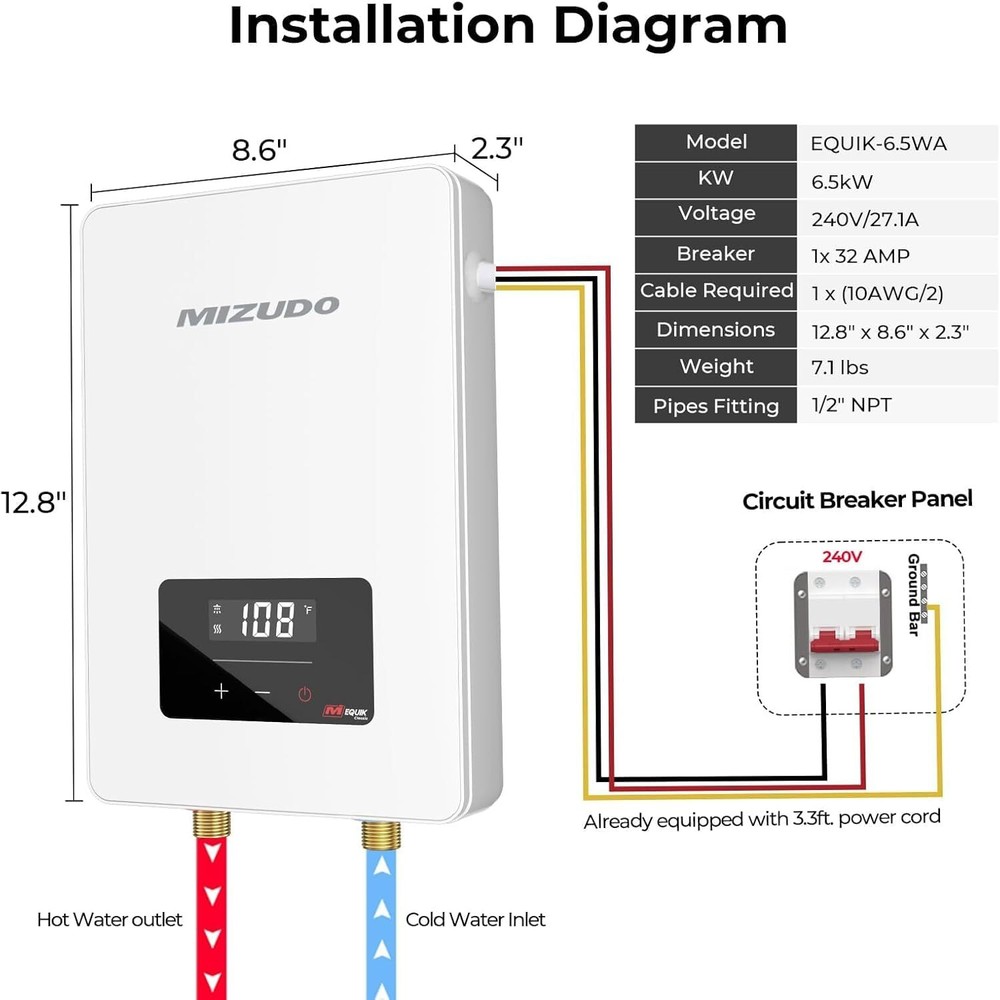 MIZUDO 6500W Tankless Water Heater Electric 240V LED Display Instant Boiler USED