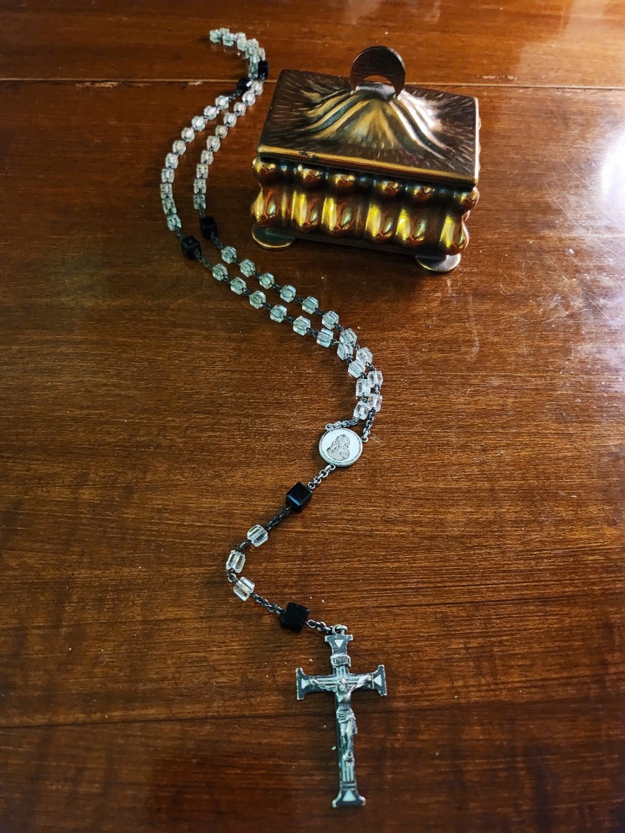 Antique Swift & Fisher Sterling Silver White Enamel Rosary & Vtg Art Nouveau Box