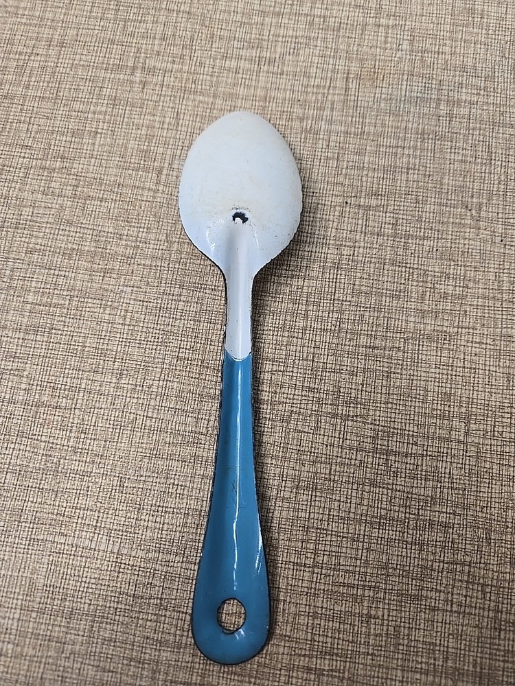 Vintage Enamel 8” & 6" Serving Spoons / Blue & White