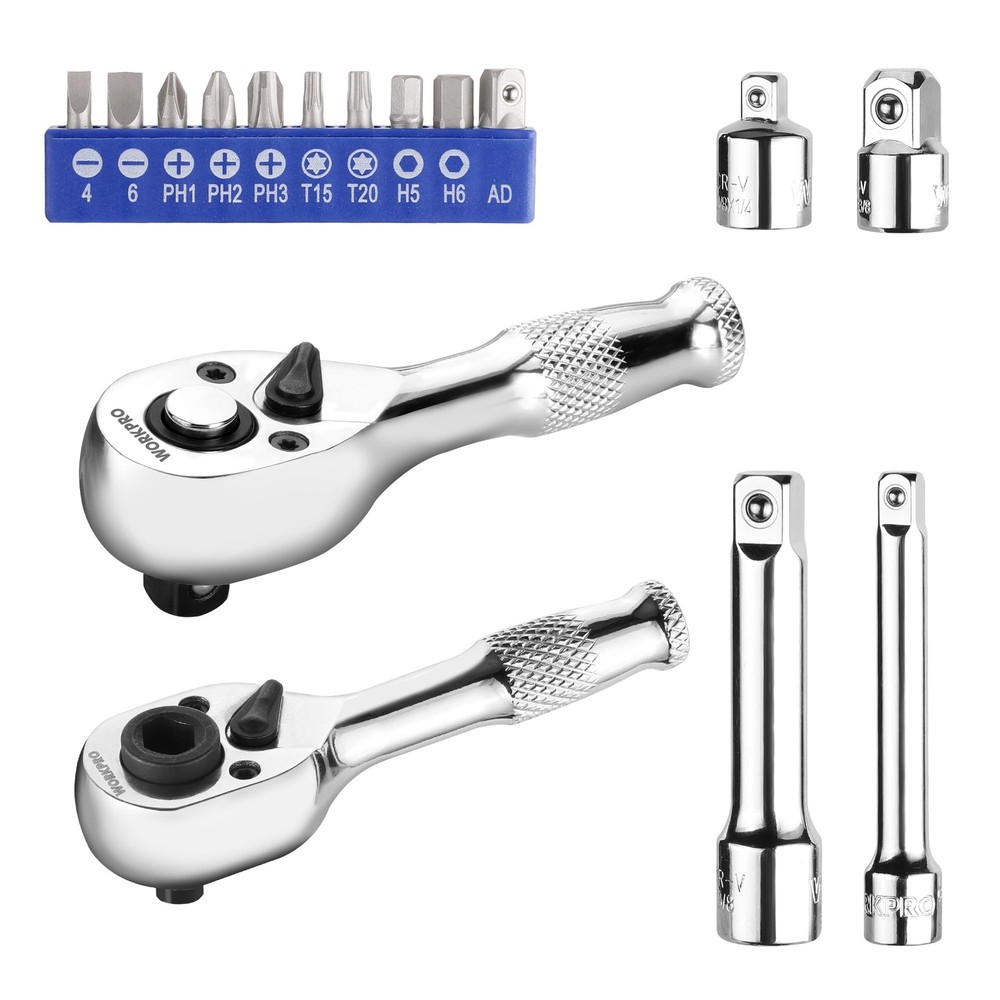 WORKPRO Stubby Ratchet & Bit 16 PCS & Driver Set, Silver