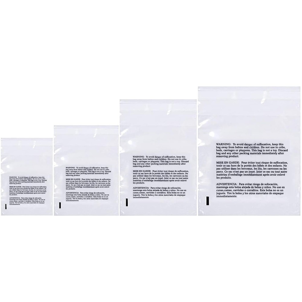 Clear Poly Bags with Suffocation Warning - 400 Count Assorted Sizes - Resealable