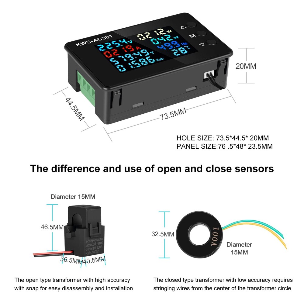 AITIAO Digital Display AC Multimeter 100A with Open Current Transformer