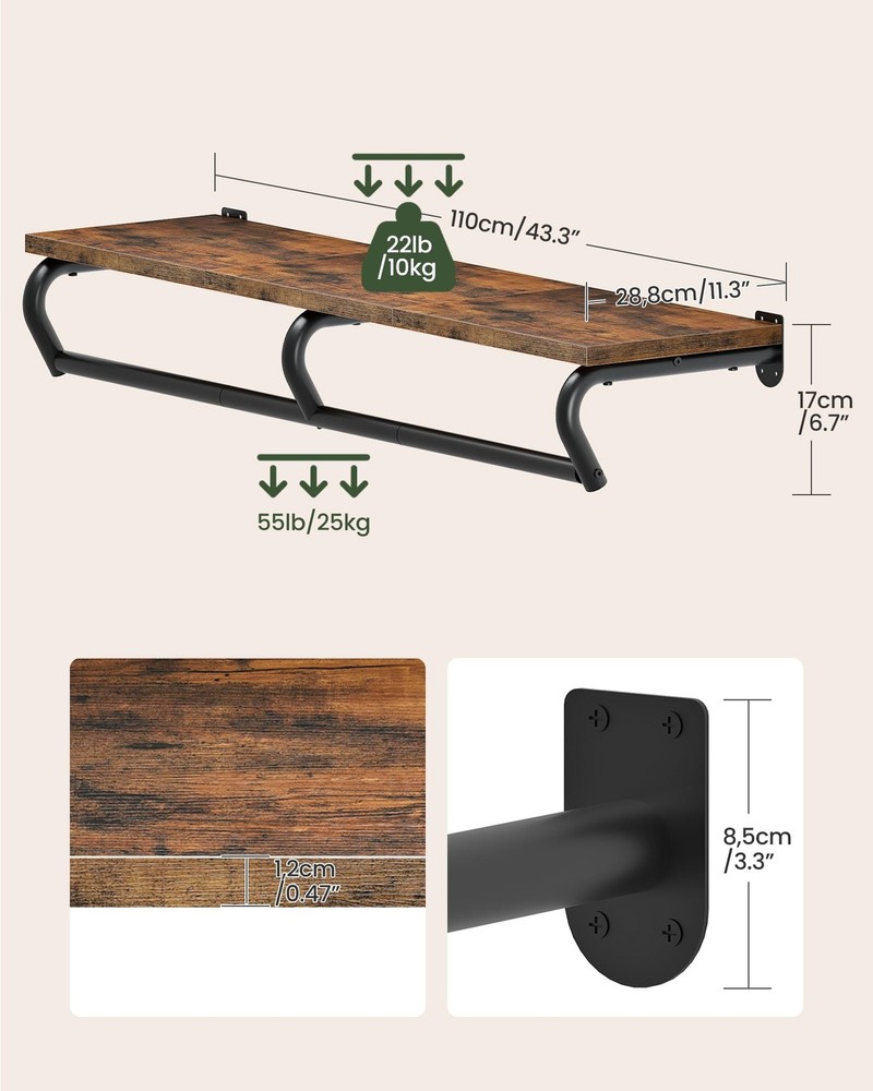 Wall Mounted Clothes Rack, Metal Garment Rack with Top Shelf, Laundry Storage...