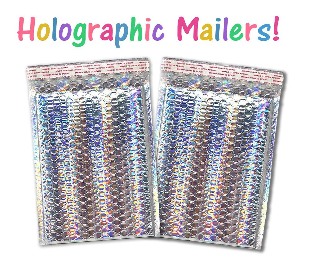 WHOLESALE by the CASE, Multiple Sizes Holographic Metallic Bubble Mailers Strong