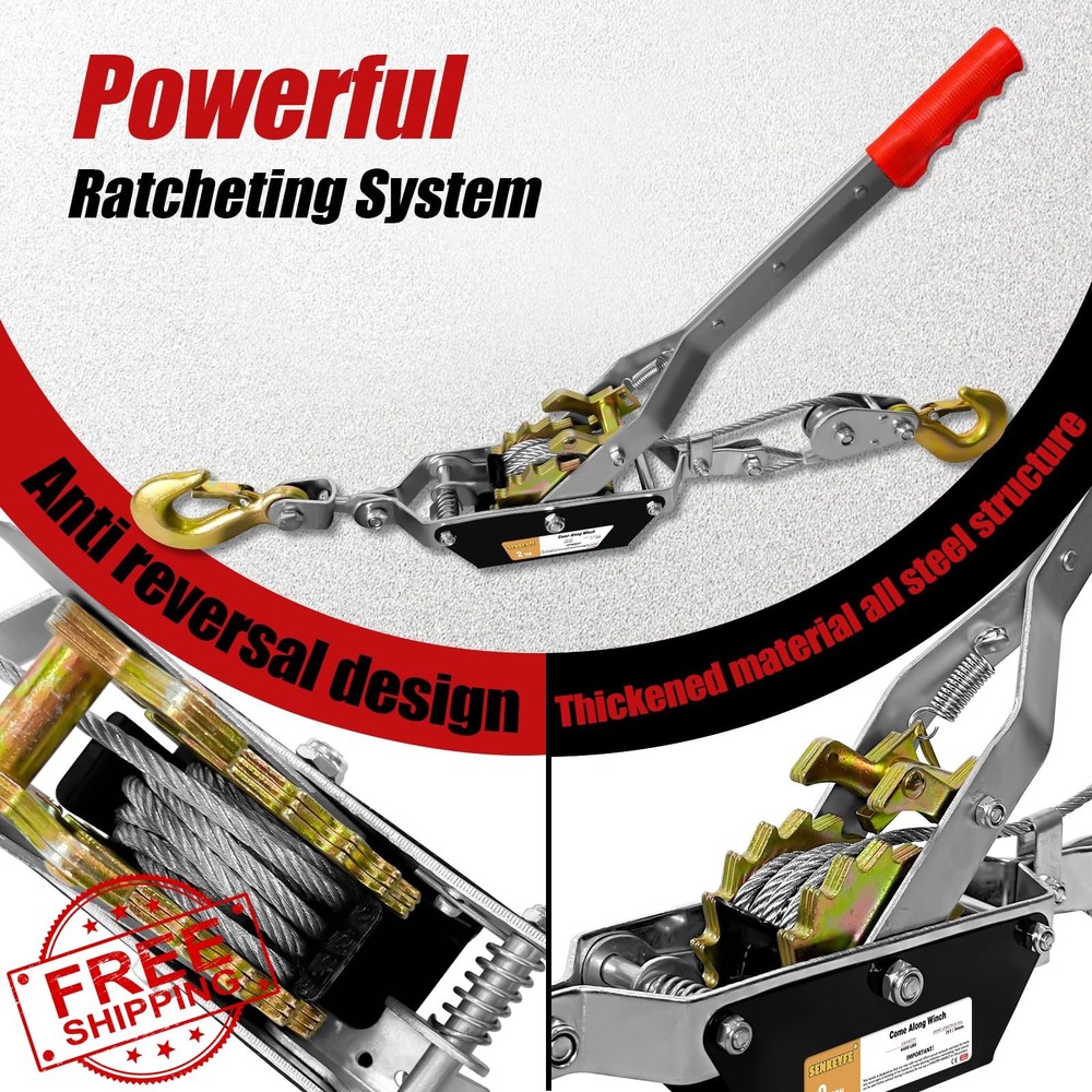 SENKEYFE Come Along Winch 2T, Heavy Duty Cable Puller, 2 Hooks
