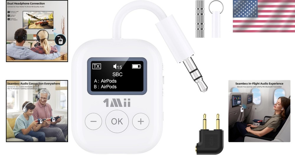 SafeFly Min 3.5mm Bluetooth Transmitter - Dual Device Connection, 25 Hours Use