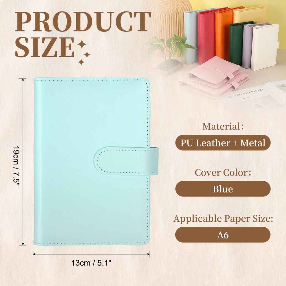 A6 PU Leather Binder Protector, 6 Ring Loose Leaf Notebook Shell, Blue