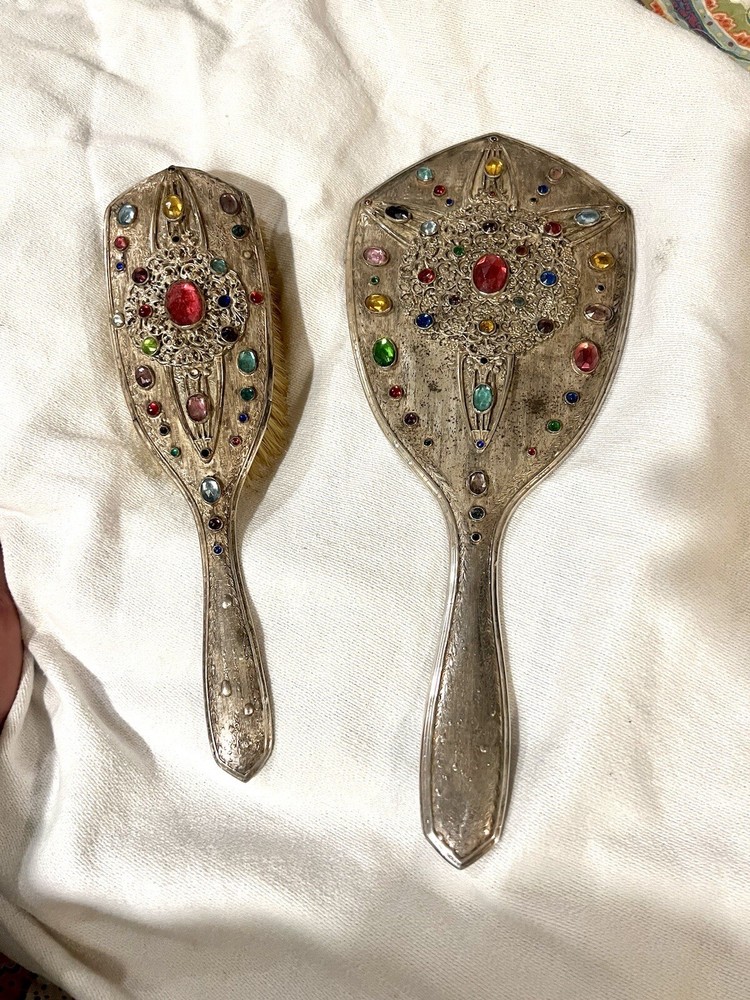 Antique mirror and brush set