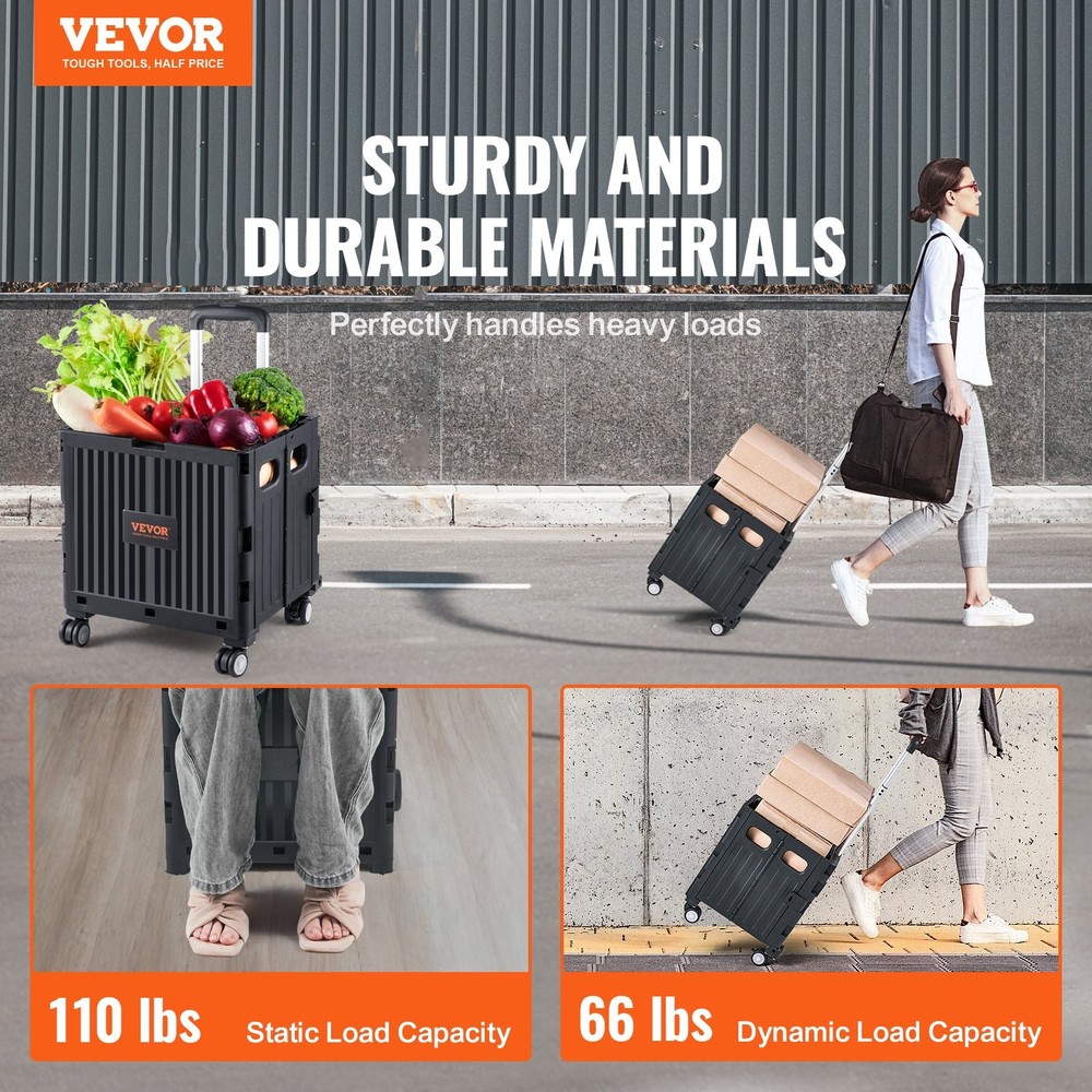 Foldable Utility Cart 110 lbs Load Capacity Folding Portable Rolling Crate