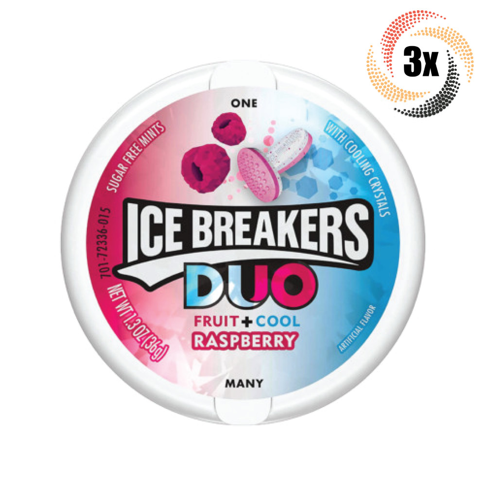 3x Tins Ice Breakers Duo Fruit + Cool Raspberry | 50 Mints Per Tin | 1.3oz