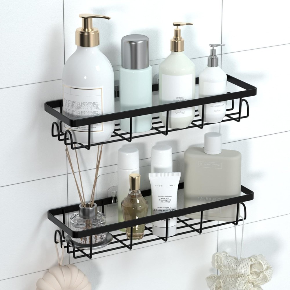 2-Pack Self-Adhesive Shower Caddy Organizer with Hooks Black