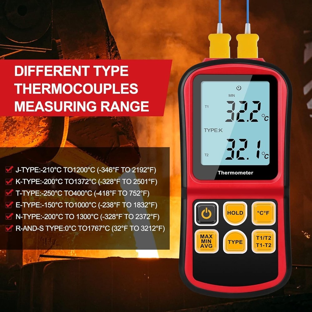 Compact Dual Probe Thermometer with K-Type Thermocouple Wire