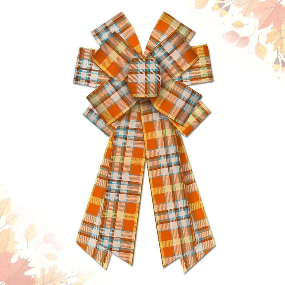 Large Fall Bows for Wreath, Autumn Wreath Bows Orange Buffalo Plaid Bows Thanksg