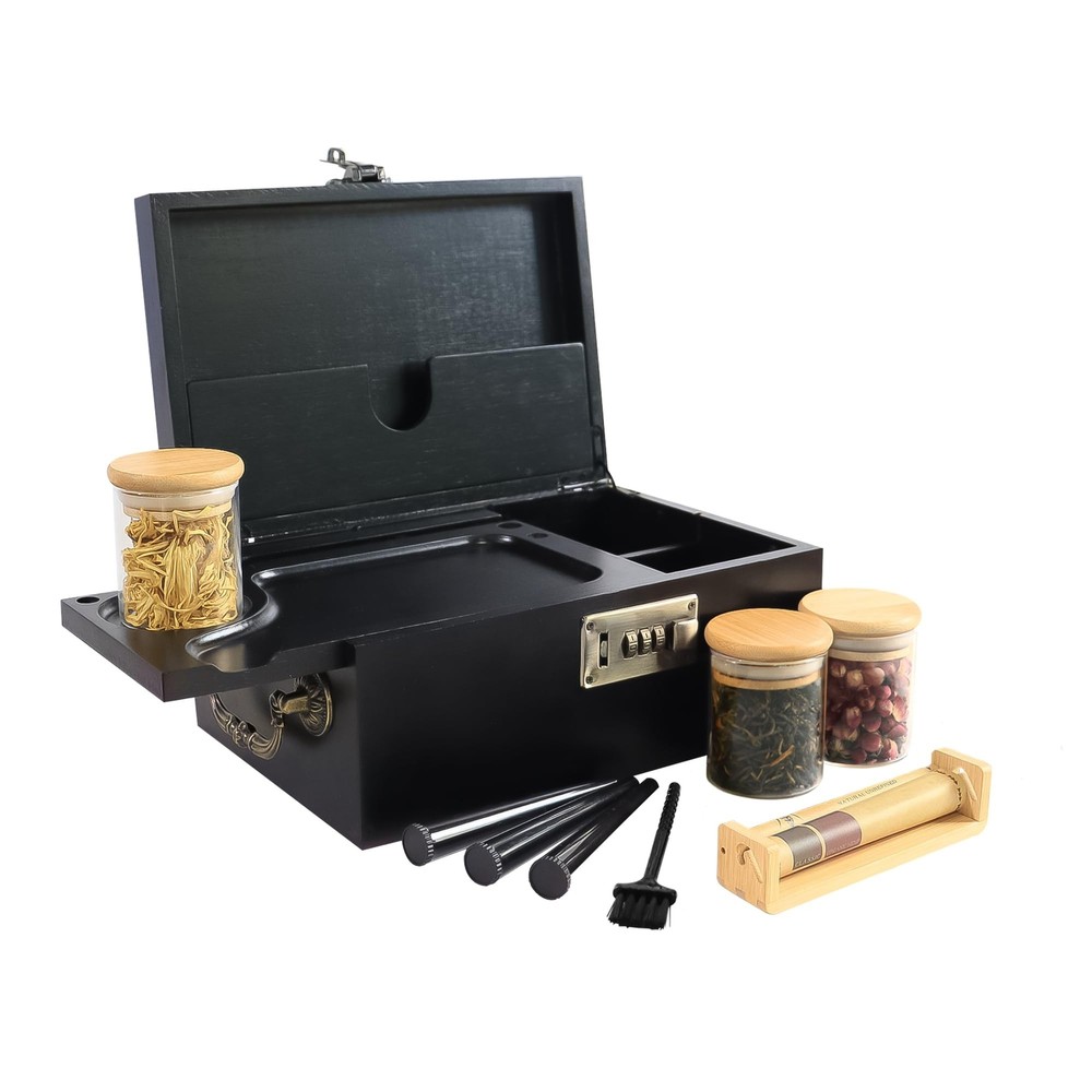 Bamboo Box with Combination Lock, Decorative Box with Handle, Large Storage S...