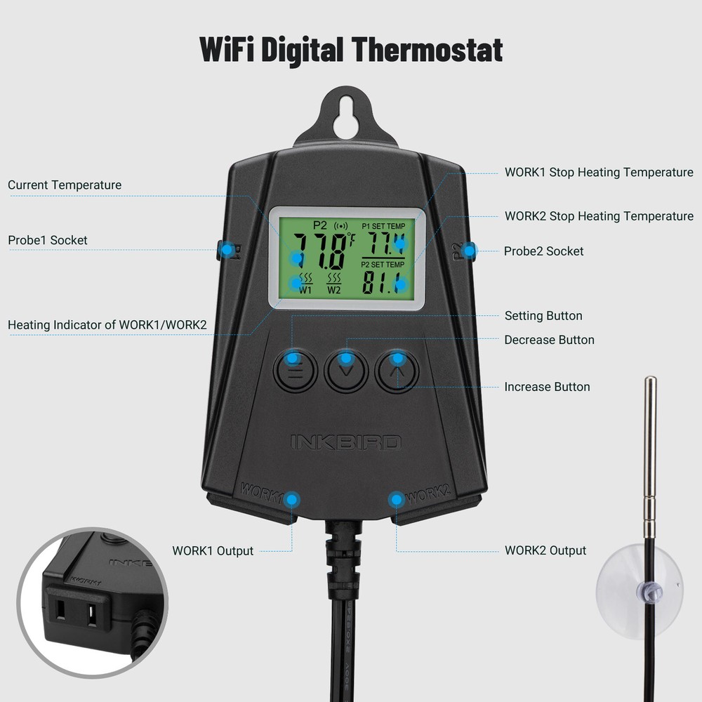 Wifi Temperature Controller Thermostat Switch Dual Output Seedling Heat Mat 110V