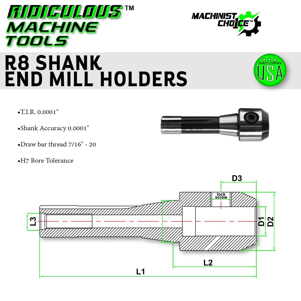 HIGH PRECISION R8 END MILL HOLDER 7/8" Machinist Choice