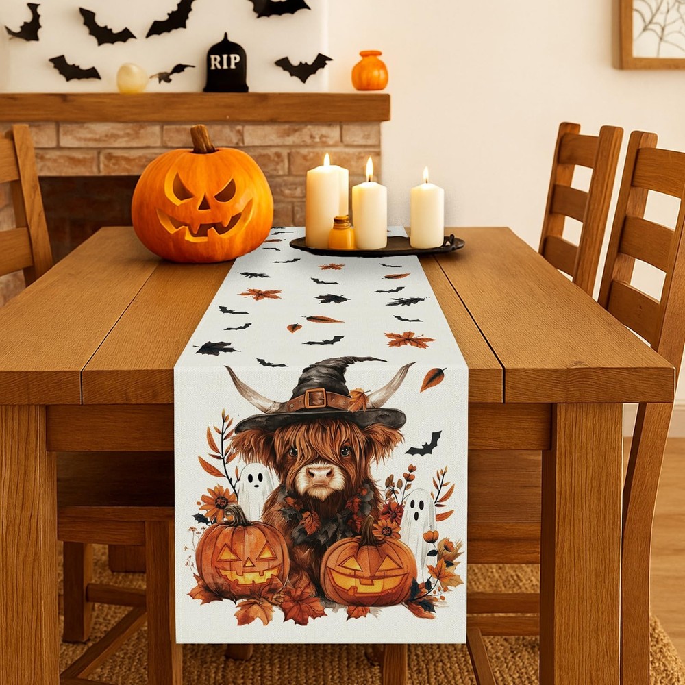 Halloween Decorations Ghost Pumpkin Cow Bats Maple Leaves Table Runner 13"x72"