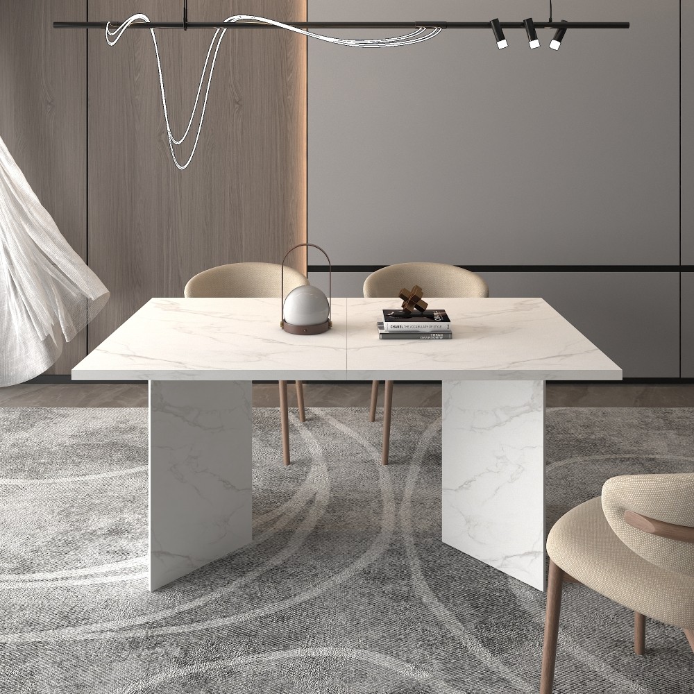 Extendable White Dining Table for 10 People Modern Faux Marble Rectangular Table