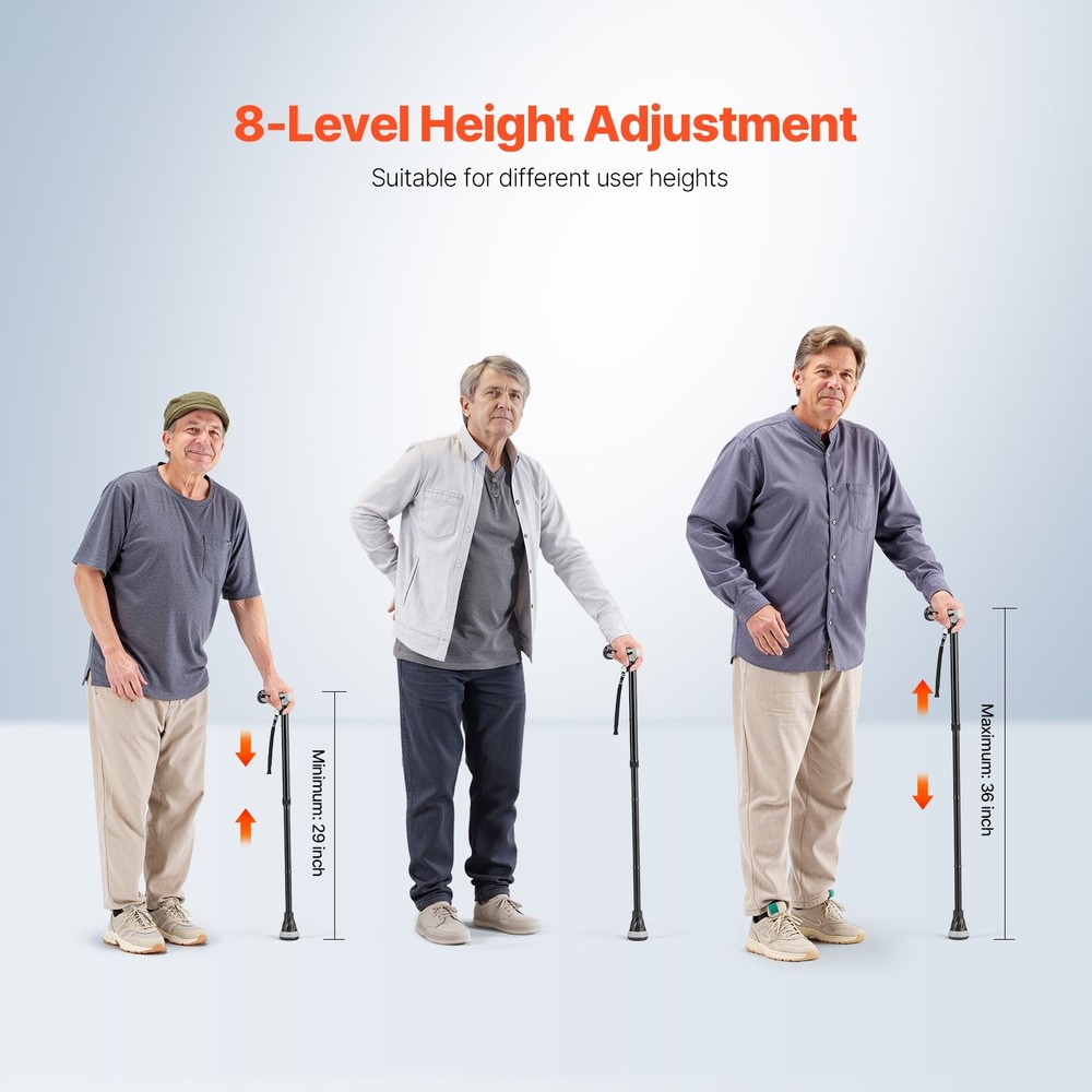 Walking Cane Folding Walking Stick 8-Level Adjustable Height & Pivoting Tip