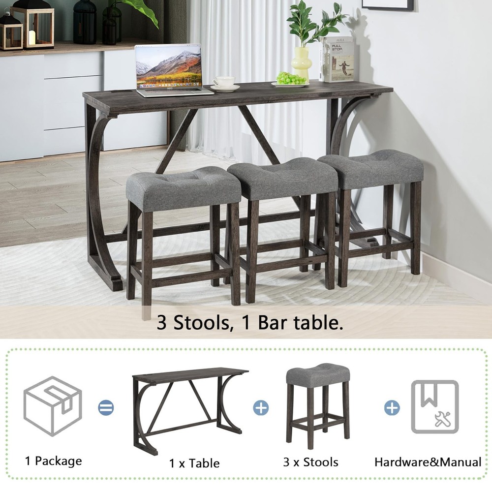 4 Piece Bar Table Set with USB Port, Kitchen Table with 3 Upholstered Stools,...