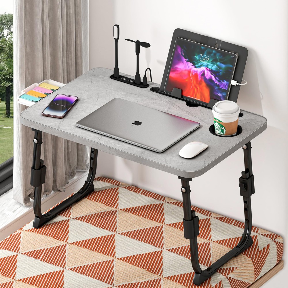 Laptop Desk for Bed Height Adjustable Lap Table USB Storage Drawer Black Tray