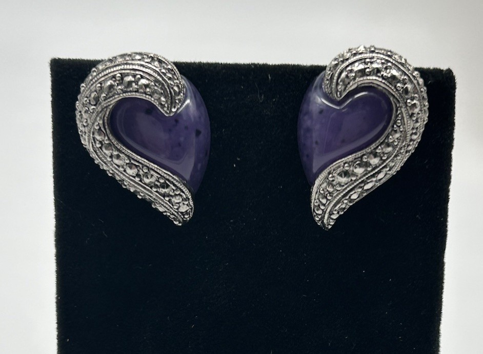 VTG Clip On Earings Purple Bead Silver Setting Teardrop Shaped