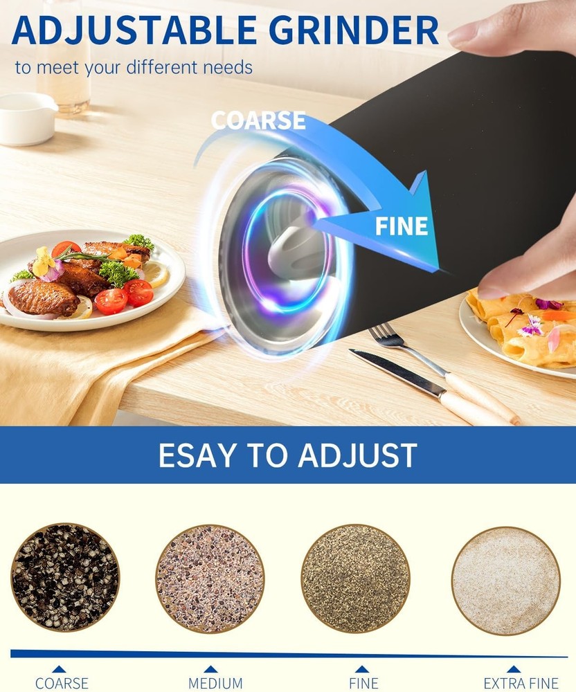 Gravity Electric Salt & Pepper Grinder Set, LED Light, Adjustable Coarseness USA