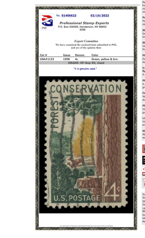 #1122 Used, PSE Graded 95, Cert # 01406622