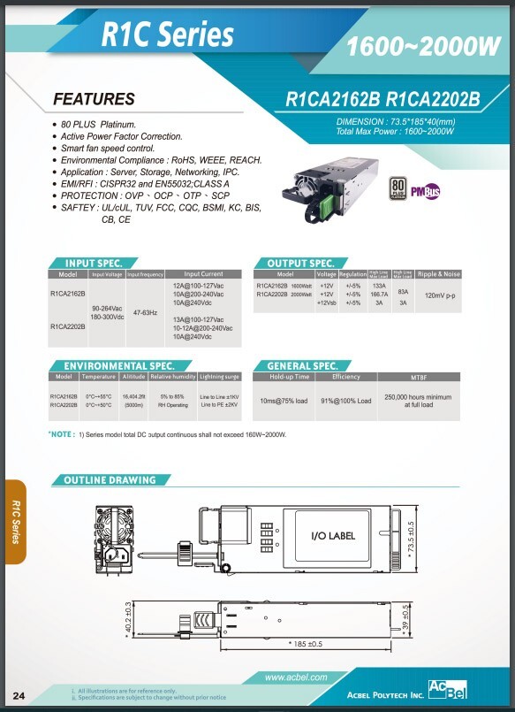 AcBel R1CA2202A 2000W power supply module for server, 1pc