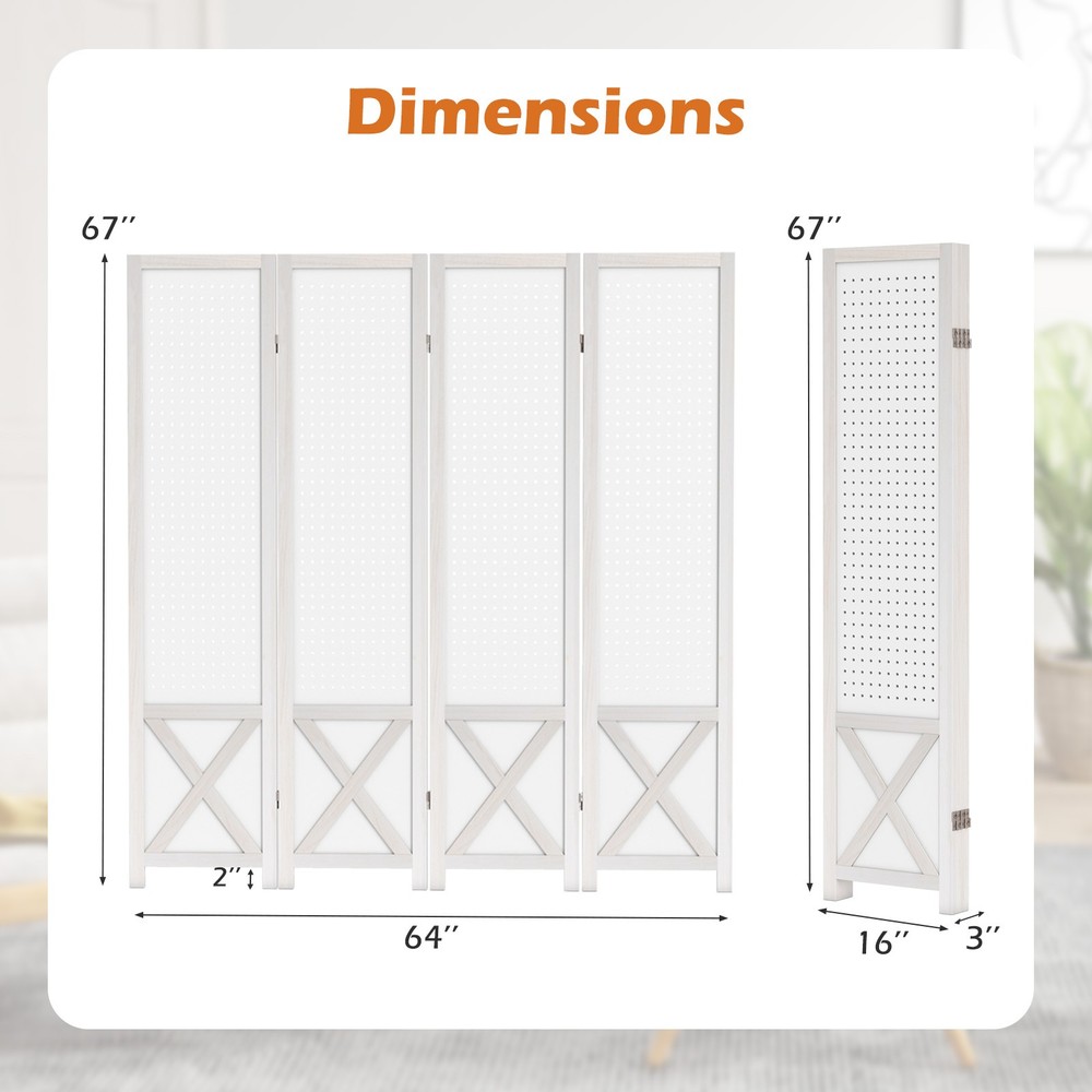 4-Panel Pegboard Room Divider, 67" Tall Foldable Privacy Screen, For Home, White