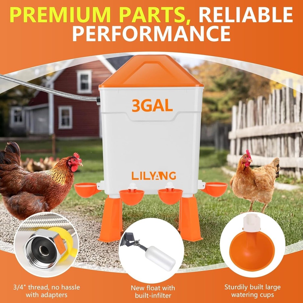 Automatic Chicken Waterer,Float-Controlled Large Watering System with Stainless