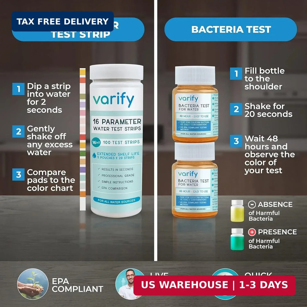 Varify 17in1 Complete Drinking Water Test Kit - 100 Strips + 2 Bacteria Tester K