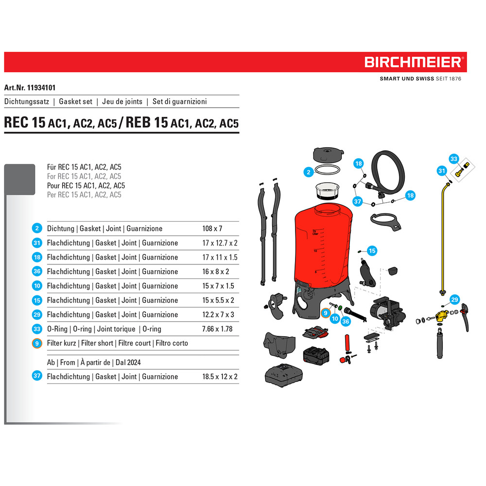 Replacement Gasket Set For REC 15 / REB 15 Sprayers by Birchmeier