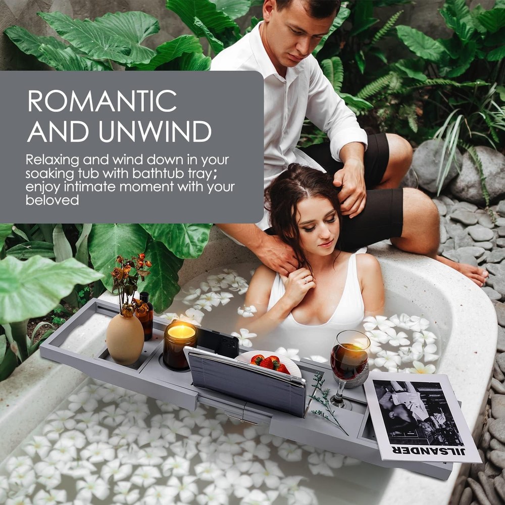 Foldable Bathtub Caddy Tray, Bamboo Bath Tub Tray Table for with Gray