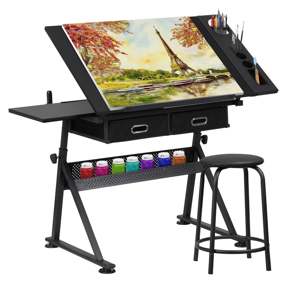 Drafting Table Adjustable Drawing Artist Desk Tilted Tabletop w/2 Drawers Stool