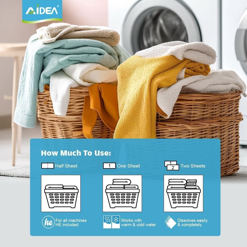 AIDEA Laundry Detergent Sheets, Unscented-(100 Loads) 50 Sheets, Eco-Friendly