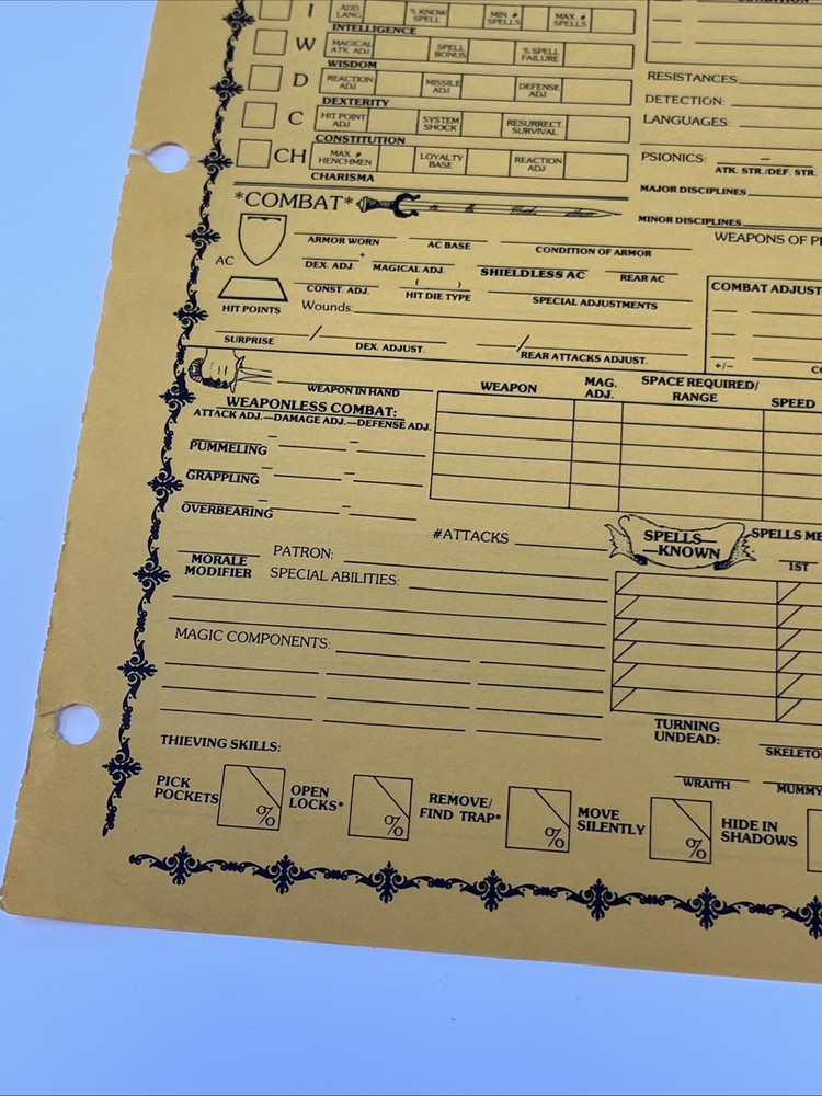 Original AD&D Player Character Record Sheet—Multi Classed Bard Light Use